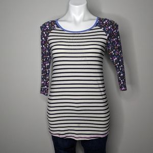 Matilda Jane blue white pink floral striped baseball t-shirt S